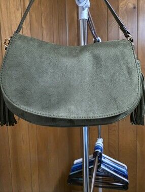 Olive Green Suede Saddle Shoulder Bag with Tassel